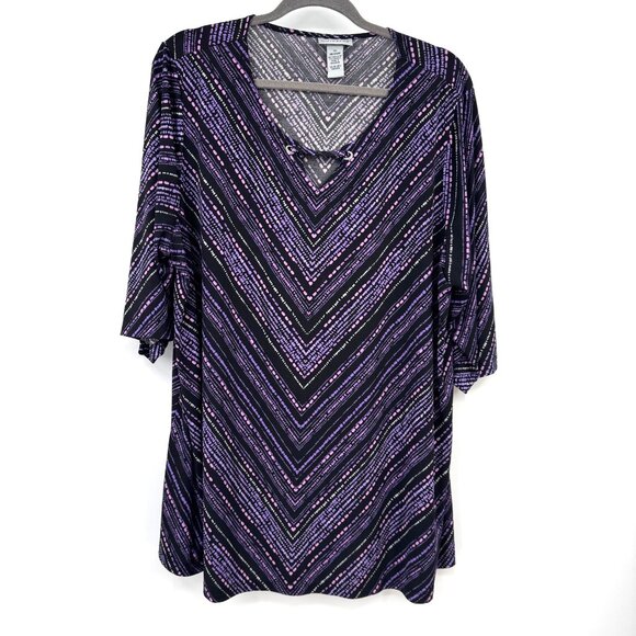Catherines Black & Purple Chevron Tunic Top 1X 18/20 V-Neck 3/4 Sleeve Stretch P - Picture 1 of 7